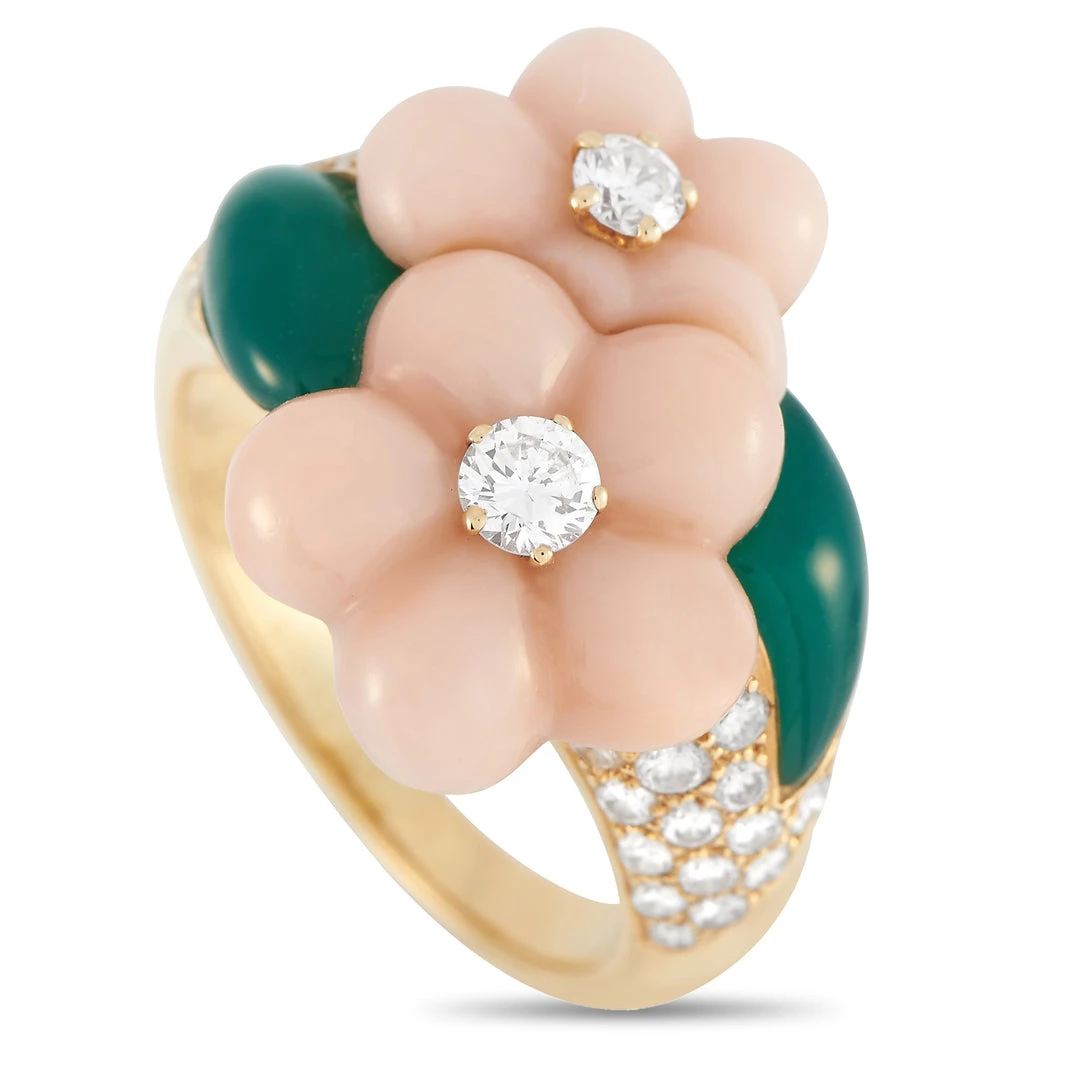 Deals ๐ฏ women Van Cleef & Arpels 18K Yellow Gold 0.82 ct Diamond, Coral, and Chrysoprase Flower Ring ๐