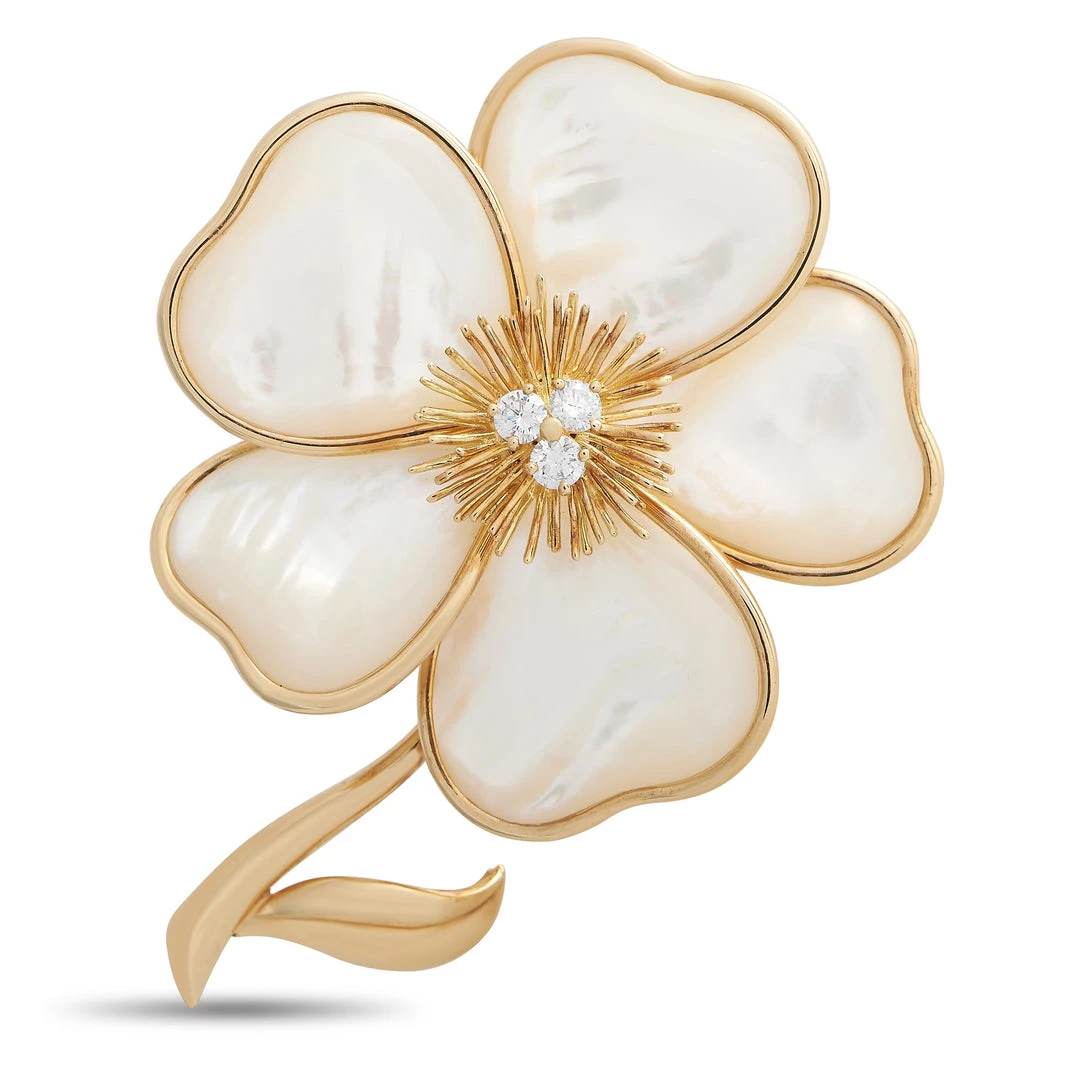 Budget ⭐ women Van Cleef & Arpels 18K Yellow Gold 0.60 ct Diamond and 👩 Mother of Pearl Clématite Brooch ⭐
