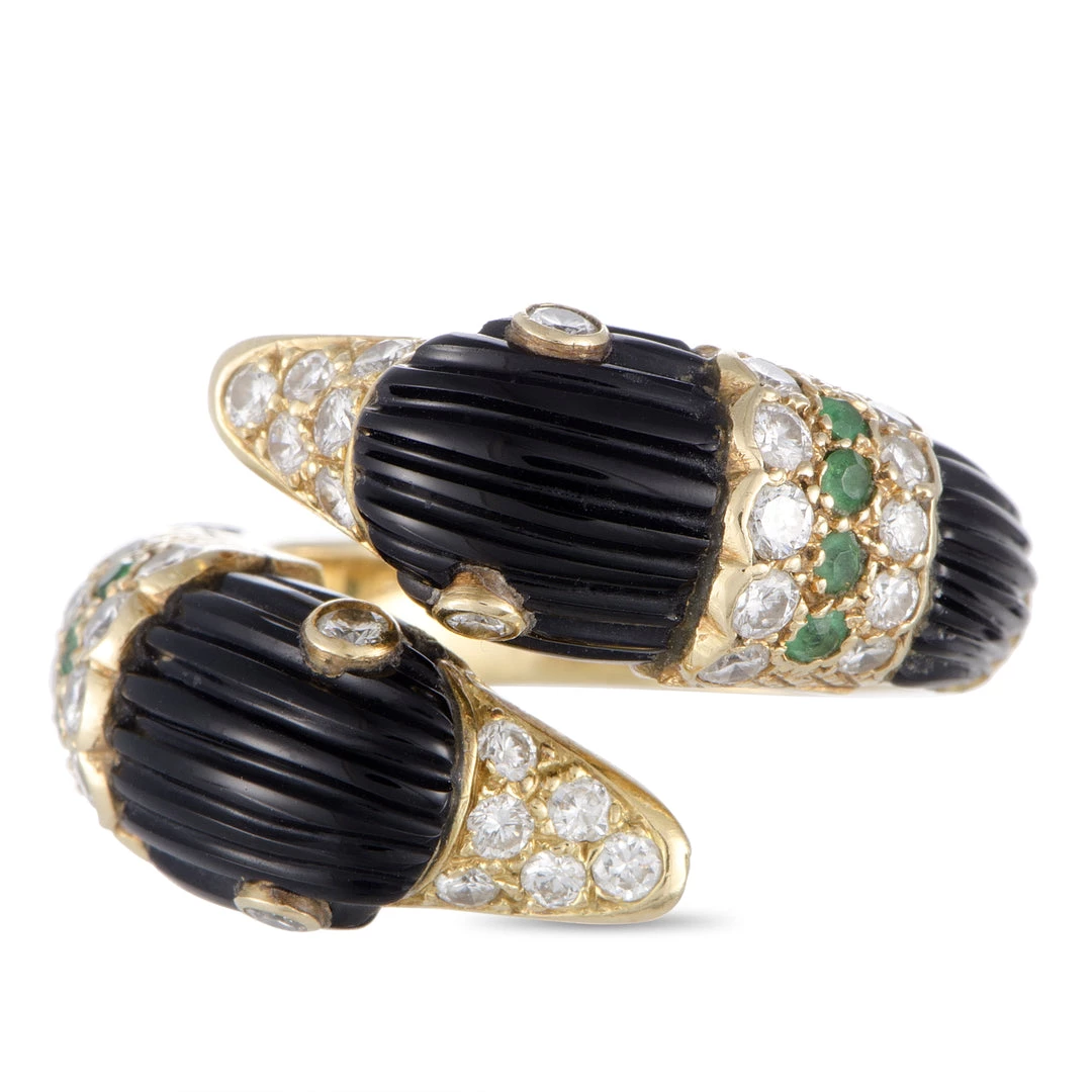 Outlet 🔥 women Van Cleef & Arpels 18K Yellow Gold Diamond Pave, Emerald and Fluted Onyx Double Swan Bypass Ring 😀 - Image 6