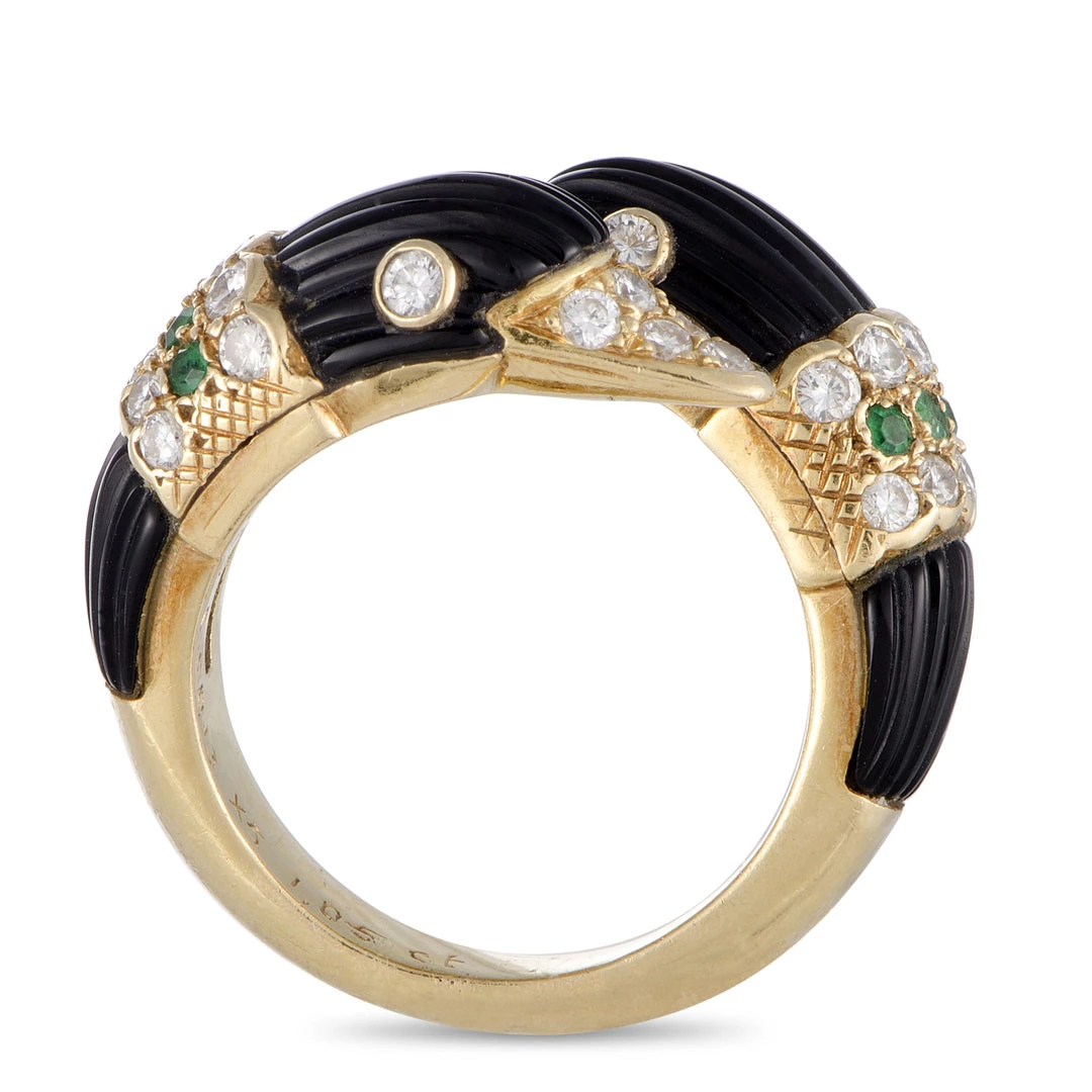 Outlet 🔥 women Van Cleef & Arpels 18K Yellow Gold Diamond Pave, Emerald and Fluted Onyx Double Swan Bypass Ring 😀 - Image 2