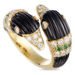 Outlet 🔥 women Van Cleef & Arpels 18K Yellow Gold Diamond Pave, Emerald and Fluted Onyx Double Swan Bypass Ring 😀