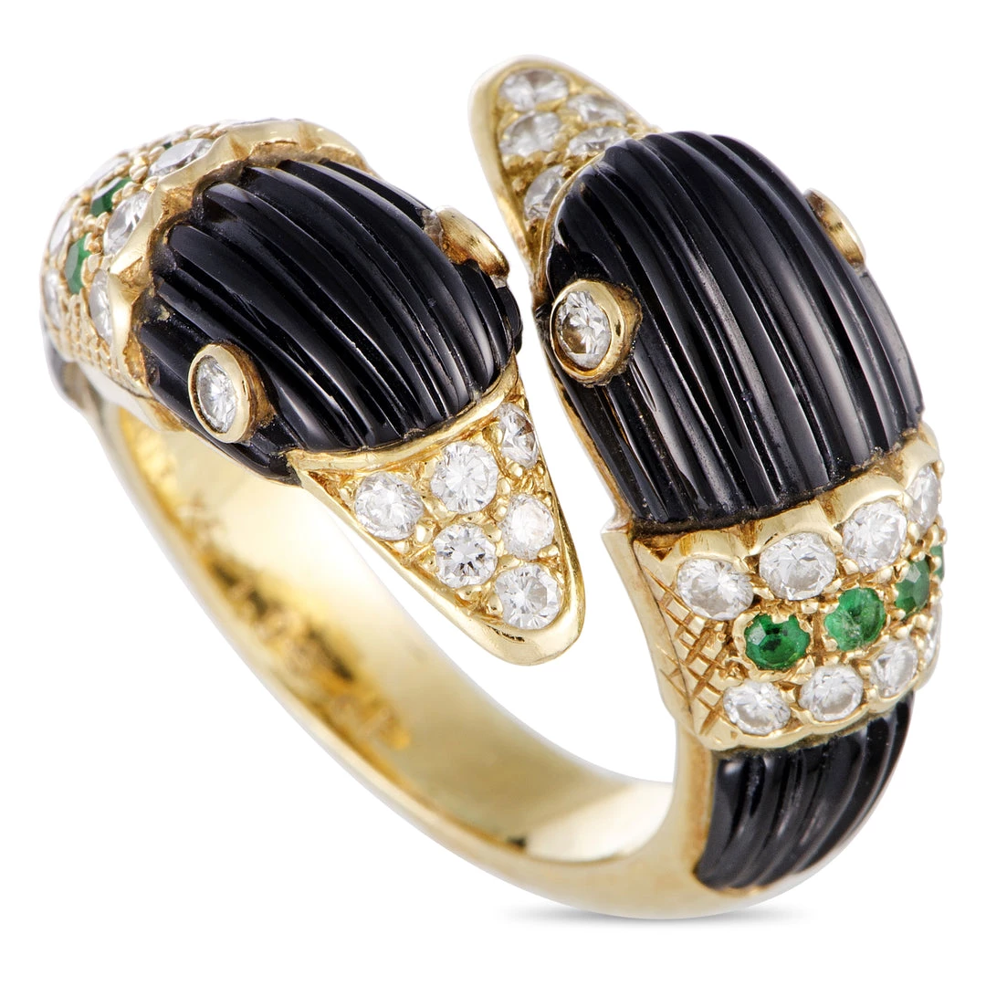 Outlet 🔥 women Van Cleef & Arpels 18K Yellow Gold Diamond Pave, Emerald and Fluted Onyx Double Swan Bypass Ring 😀