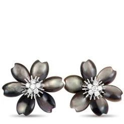 Deals ⌛ women Van Cleef & Arpels Rose de Noël 18K White Gold Diamond and 👩 Mother of Pearl Flower Earrings 🔔