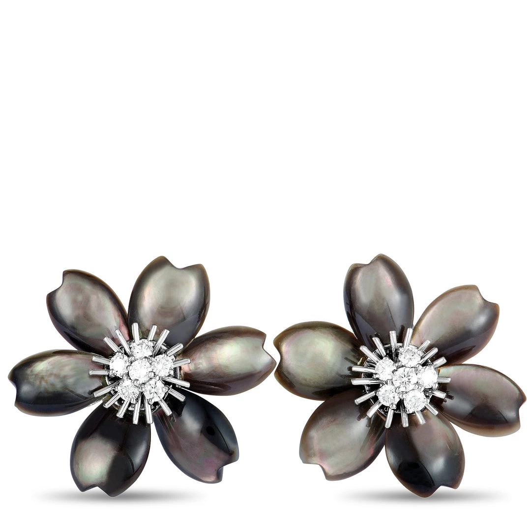 Deals ⌛ women Van Cleef & Arpels Rose de Noël 18K White Gold Diamond and 👩 Mother of Pearl Flower Earrings 🔔