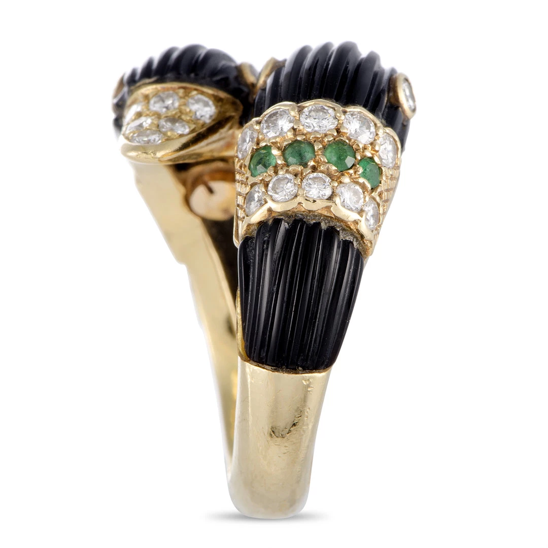 Outlet 🔥 women Van Cleef & Arpels 18K Yellow Gold Diamond Pave, Emerald and Fluted Onyx Double Swan Bypass Ring 😀 - Image 3