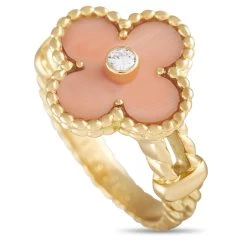 Best Sale 🤩 women Van Cleef & Arpels Alhambra 18K Yellow Gold Coral Ring 👍